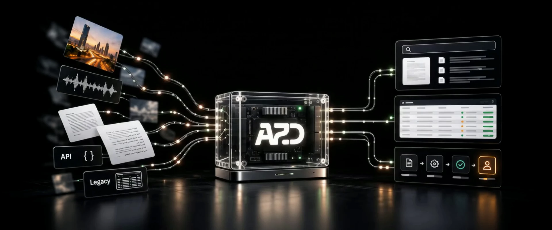 The original A2ZD scene: diverse inputs, the glass computer and connected outputs.